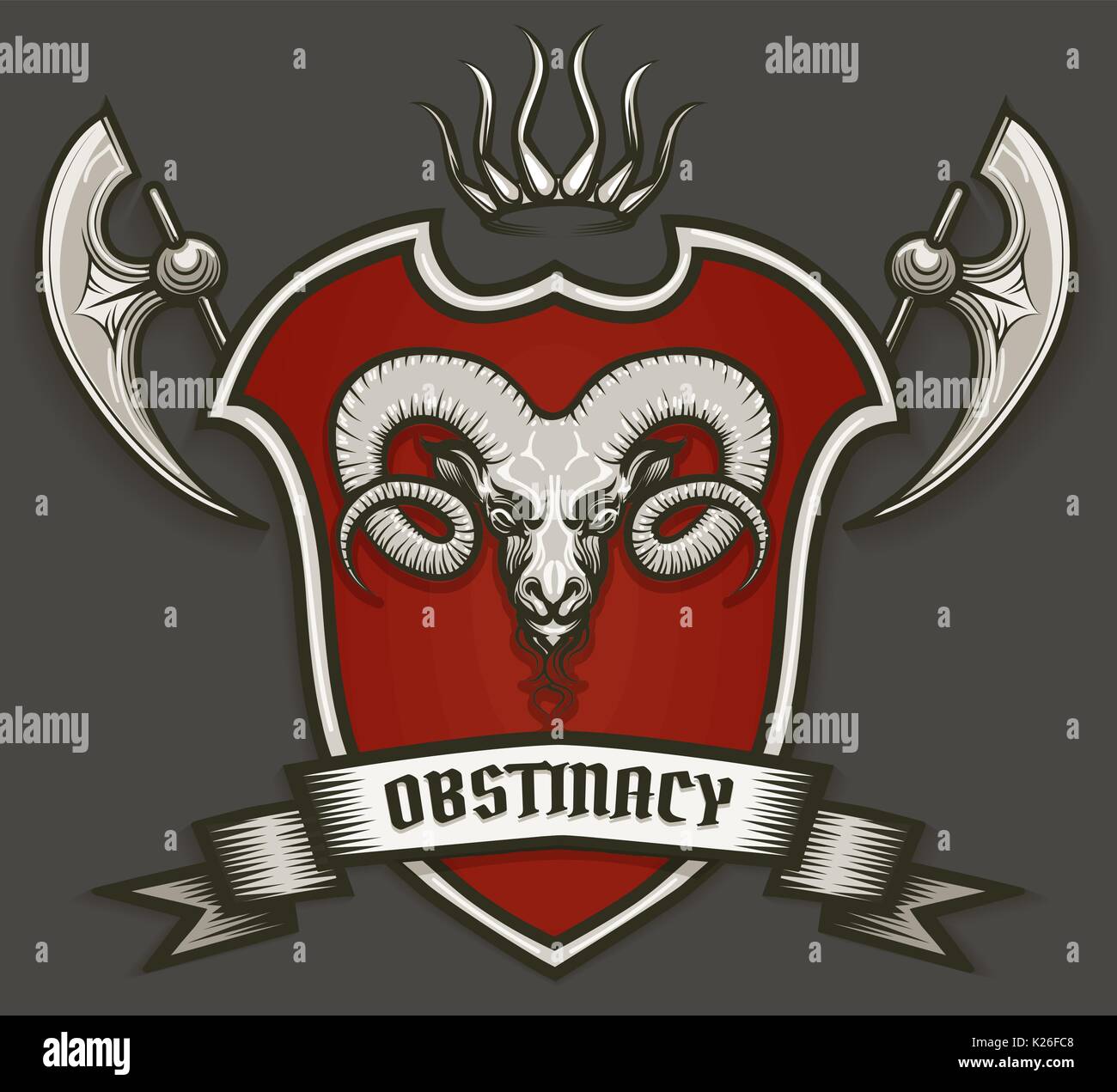 Armoiries en couleur avec la tête de vérin. Vector signe héraldique de haches et ruban Illustration de Vecteur