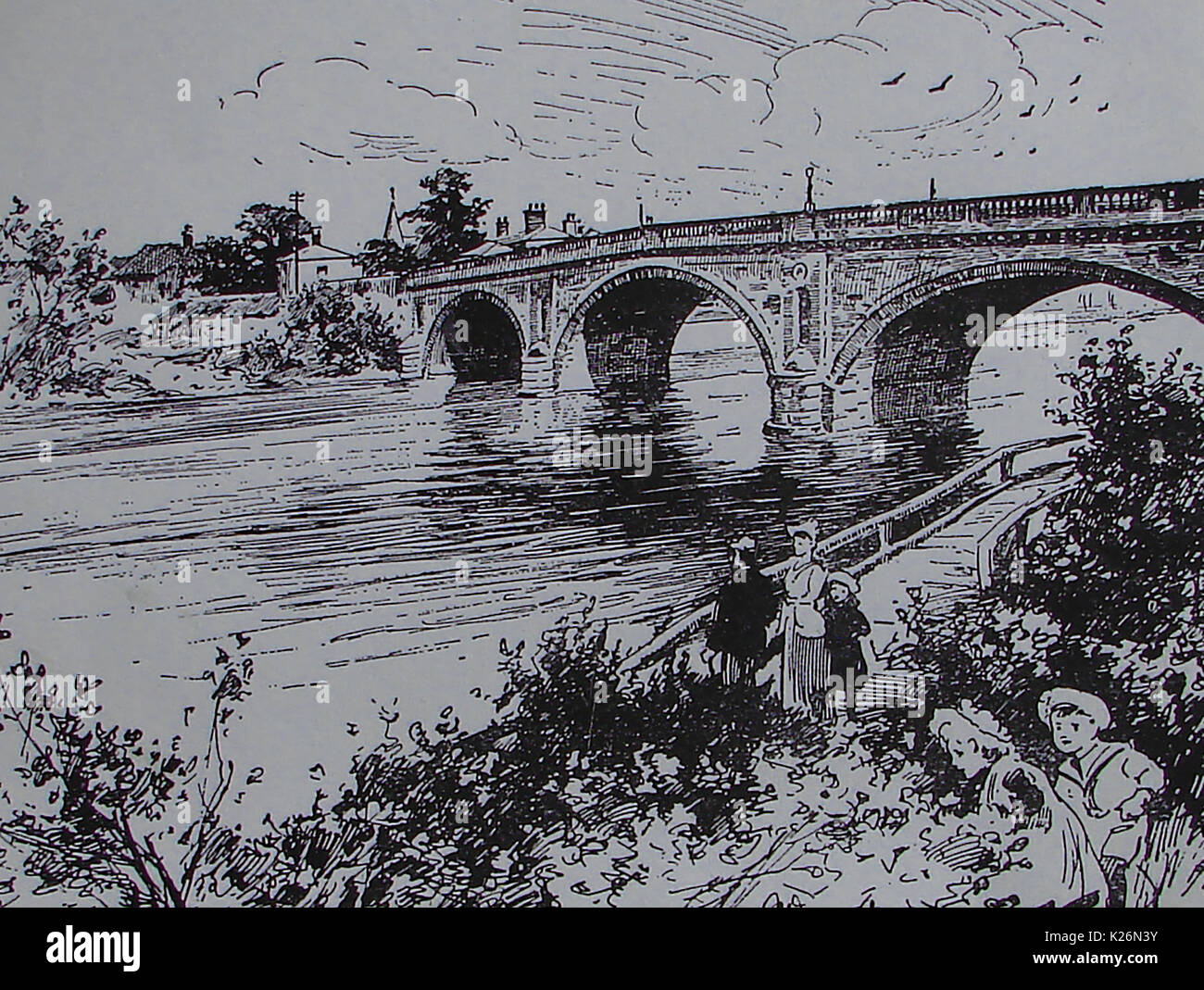 Un dessin de la ligne 1922 Trent Bridge, West Bridgford, sur la rivière Trent près de Gainsborough, Dorset, UK, exerçant son activité sous la route A631 Banque D'Images