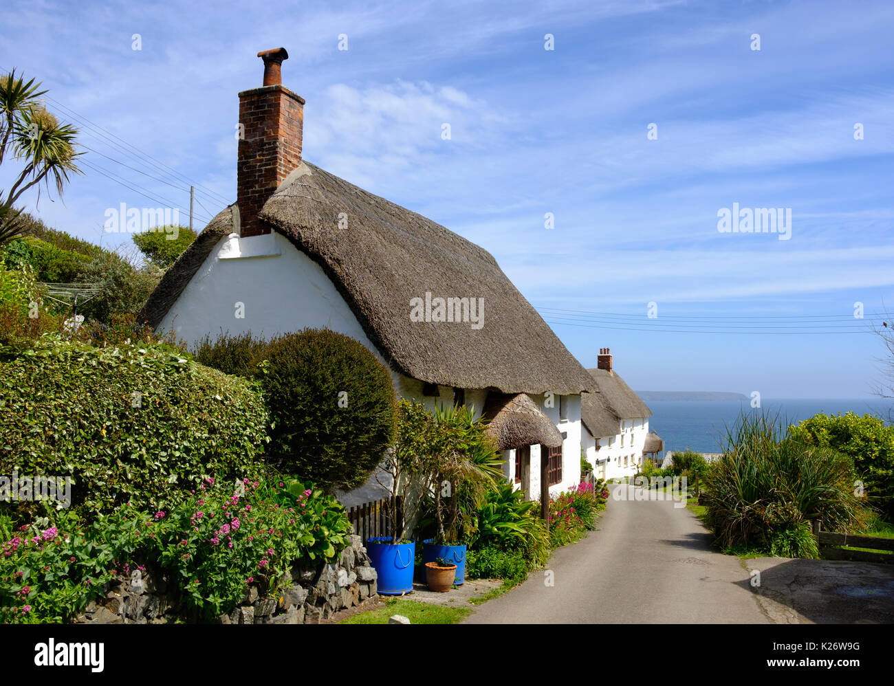 Maisons de chaume traditionnels, Landewednack, lézard, Péninsule du Lézard, Cornwall, Angleterre, Royaume-Uni Banque D'Images