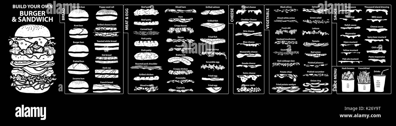 Ensemble d'ingrédients isolés pour construire votre propre burger et sandwich. cute style dessinés à la main, en silhouette blanche et contour noir sur fond noir. Illustration de Vecteur
