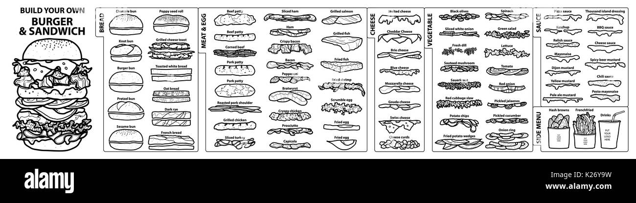 Ensemble d'ingrédients isolés pour construire votre propre burger et sandwich. cute style dessiné à la main en contour noir et blanc avion sur fond blanc. Illustration de Vecteur