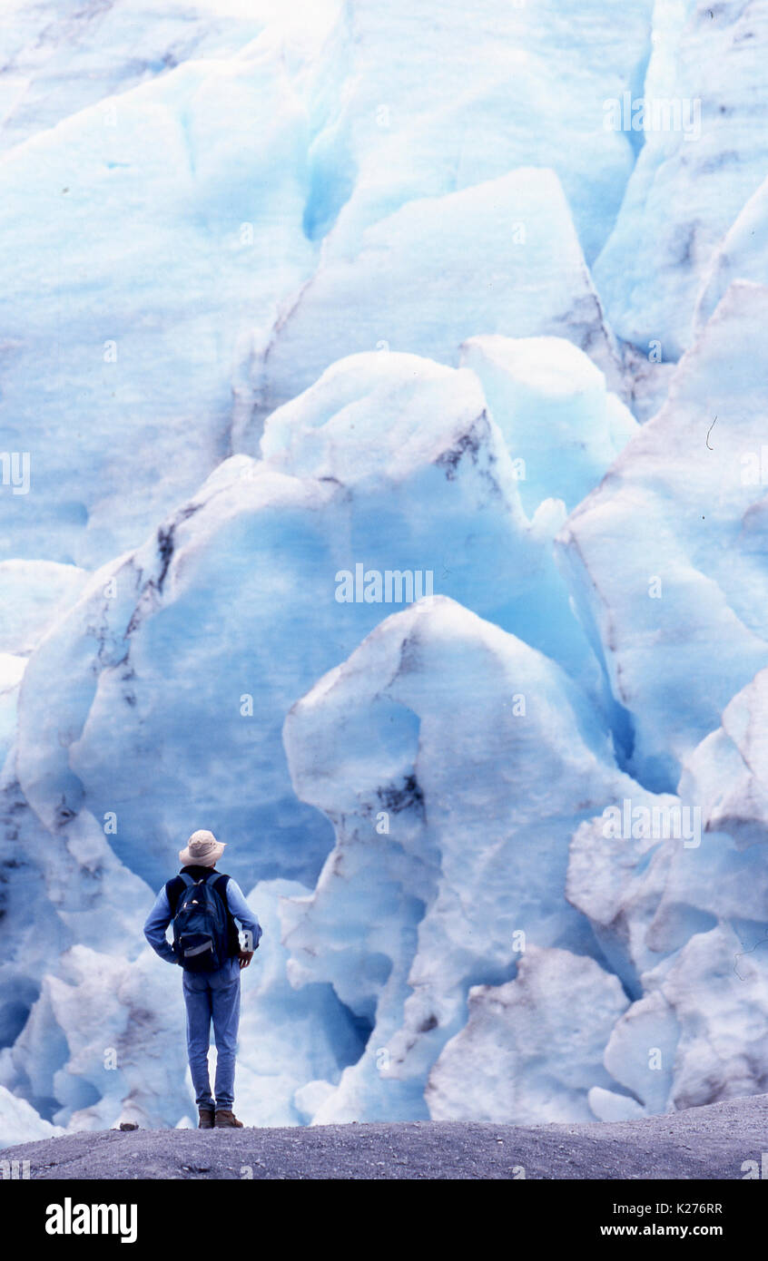 Un homme se tient dans la crainte qu'il considère l'Exit Glacier, en Alaska, péninsule de Kenai. Banque D'Images