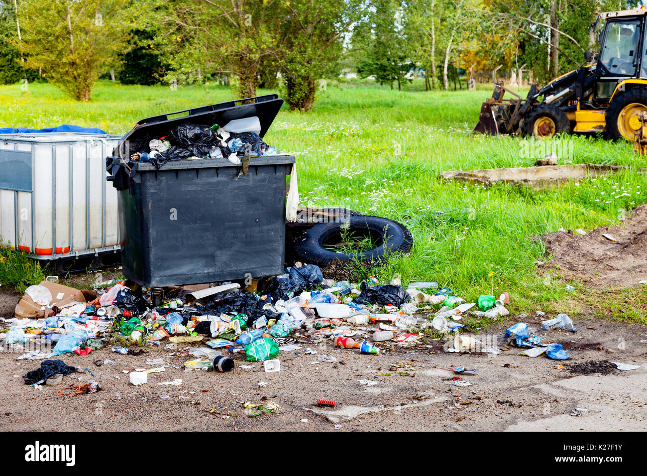 Déchets des ordures dans le parc plein de toutes sortes de détritus. Banque D'Images