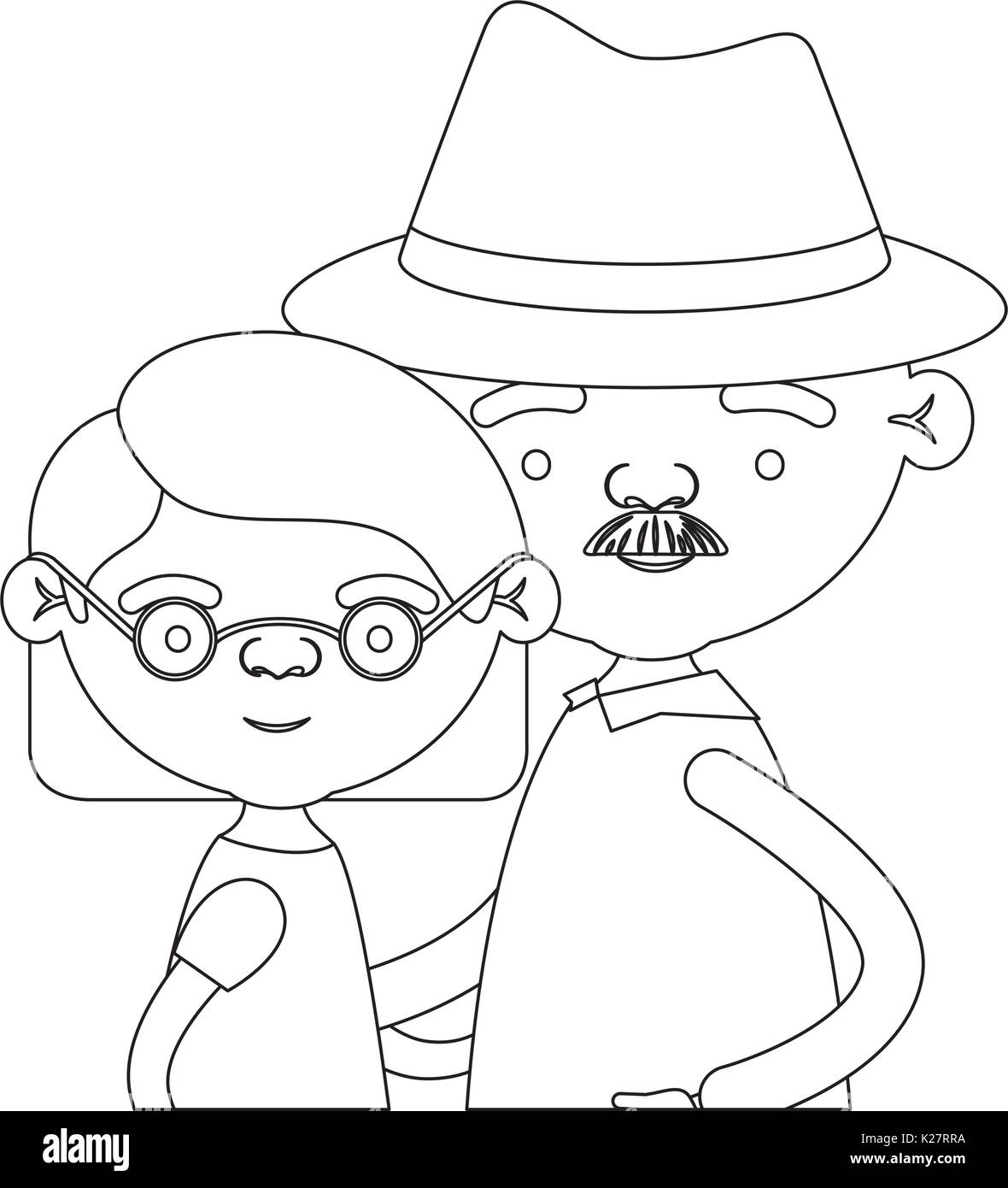 Croquis silhouette de la moitié des personnes âgées deux corps grand-mère avec des lunettes et des cheveux courts avec grand-père avec le chapeau et la moustache Illustration de Vecteur