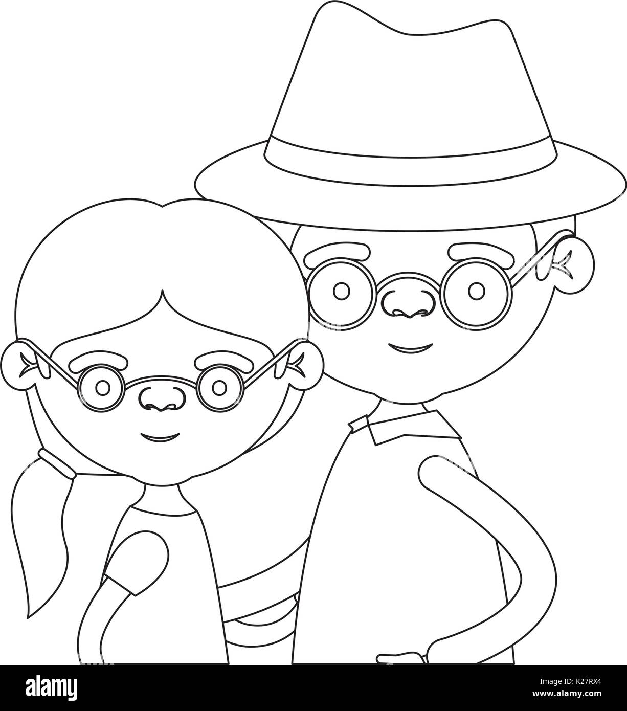 Croquis silhouette de moitié du corps de grand-mère avec deux personnes âgées côté queue de cheveux avec grand-père avec chapeau et lunettes Illustration de Vecteur
