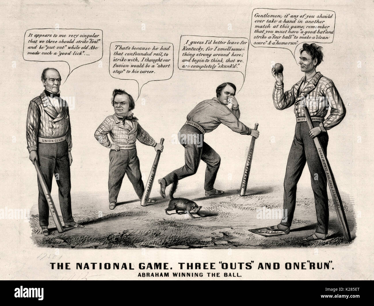 Le jeu national. Trois "exclus" et un "exécuter" - Caricature politique, septembre 1860 - un pro-Lincoln satire semaines avant l'élection présidentielle de 1860. Le concours est présenté comme un jeu de base-ball dans laquelle Lincoln a défait (de gauche à droite) John Bell, Stephen A. Douglas, et John C. Breckinridge. Lincoln (droite) se distingue avec son pied sur 'Home Base, conseiller les autres, "Messieurs, si l'un d'entre vous ne pourra jamais avoir une main dans un autre match à ce jeu, n'oubliez pas que vous devez avoir un bon bat' et trouver un juste ball' pour faire un score' et une course de maison.'' Son 'bon bat' est en fait un rail en bois la Banque D'Images