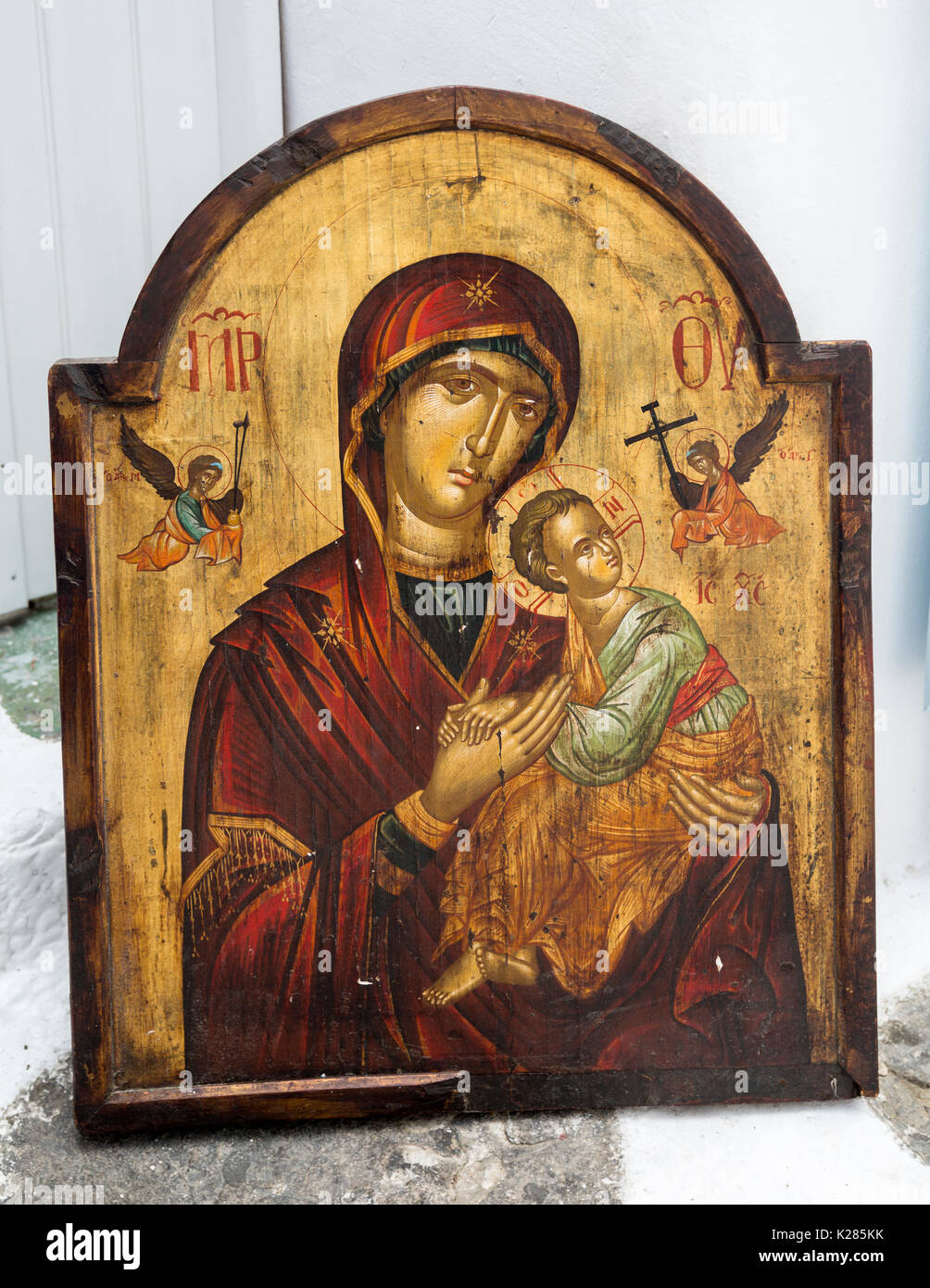 Produits grecs orthodoxes replica icône de la Vierge Marie et l'enfant Jésus pour la vente aux touristes, Mykonos, Grèce. Banque D'Images