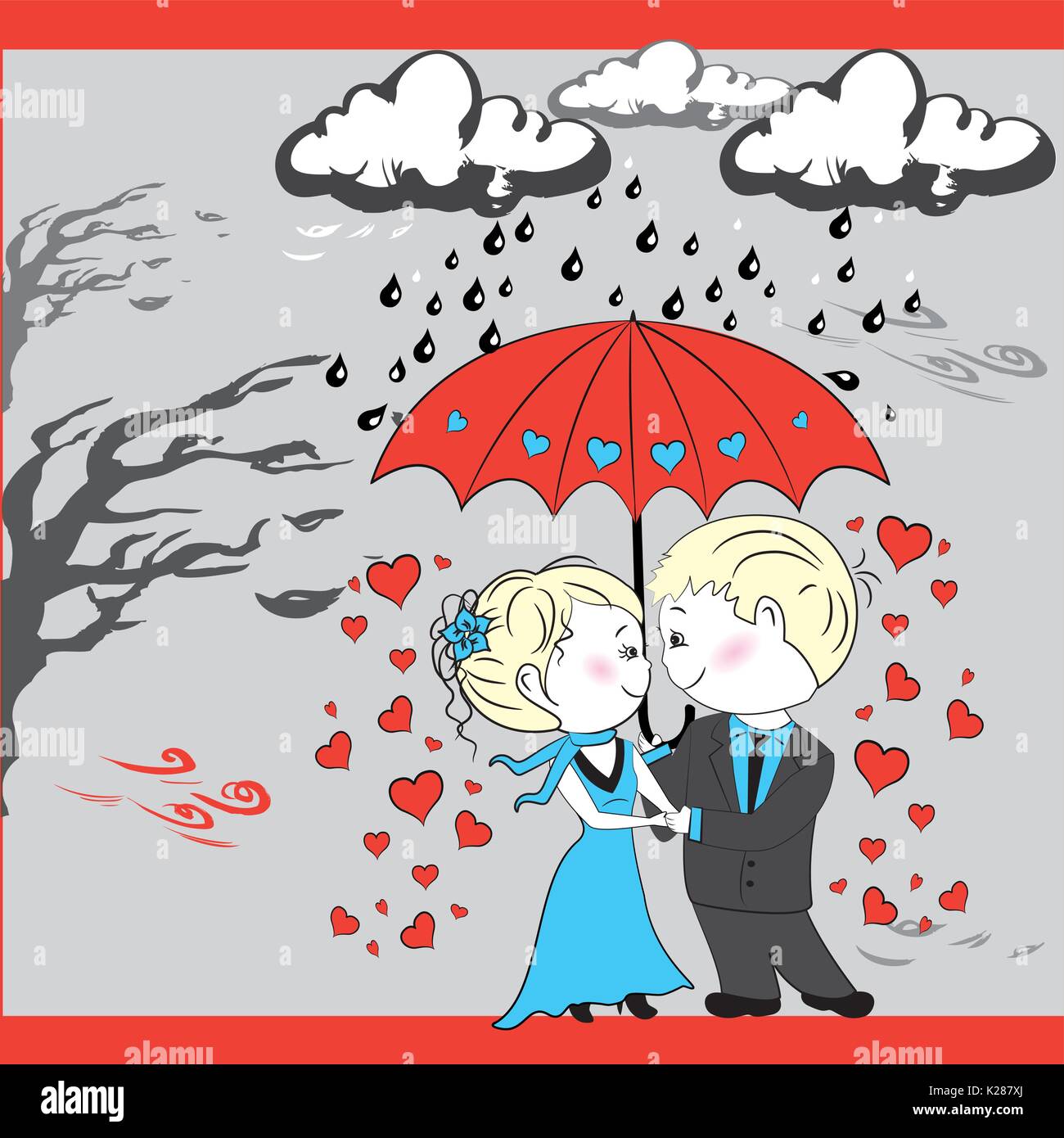 Amour Couple dans l'automne sous le parapluie sous la pluie, à la main, vector illustration Illustration de Vecteur
