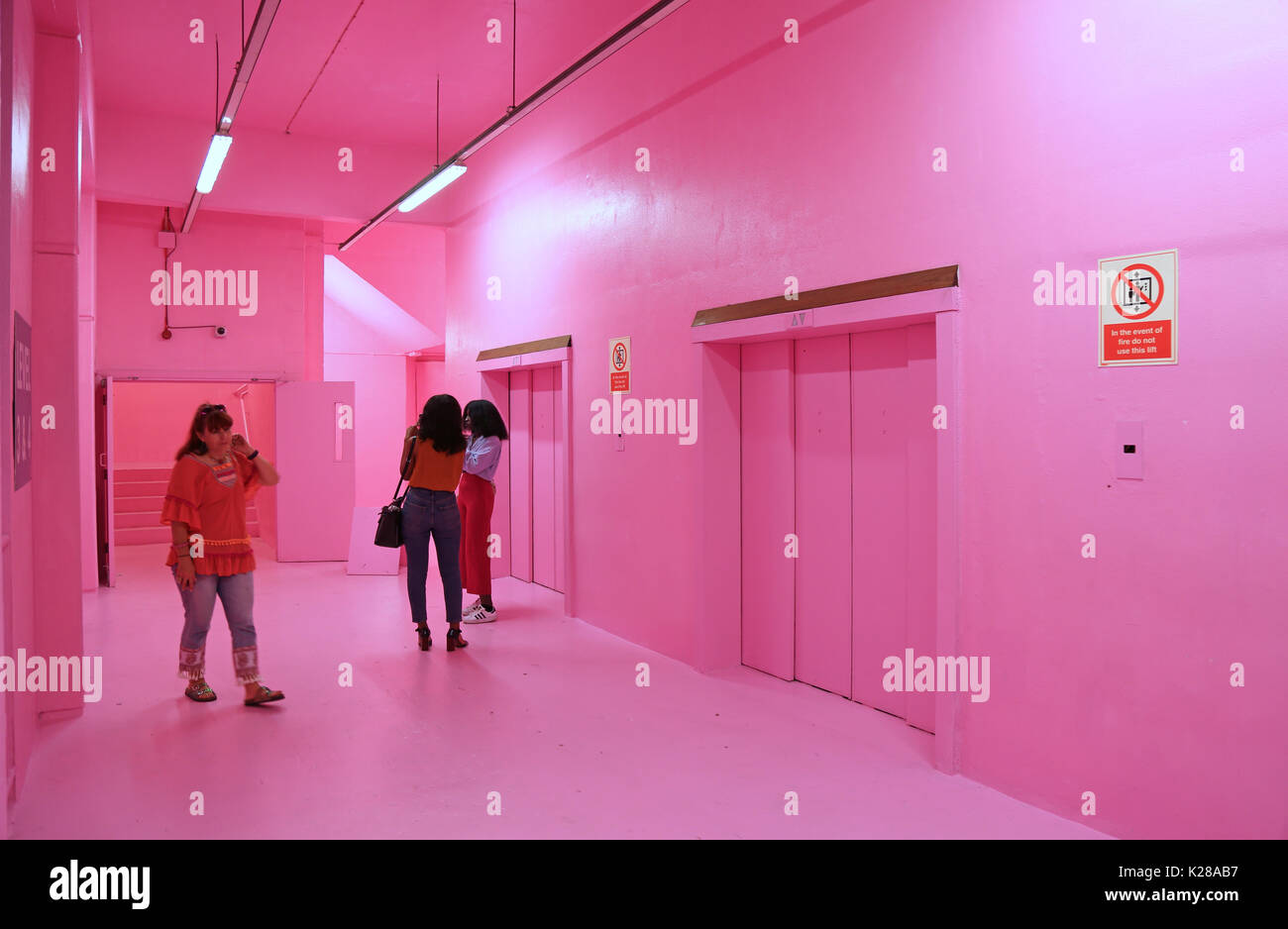 L'escalier rose bubblegum et Ascenseur Hall avec salon menant à Franks Rooftop bar à Peckham, Londres, Royaume-Uni. Intitulé 'Hi boo I love you" par l'artiste Simon Whybray. Banque D'Images
