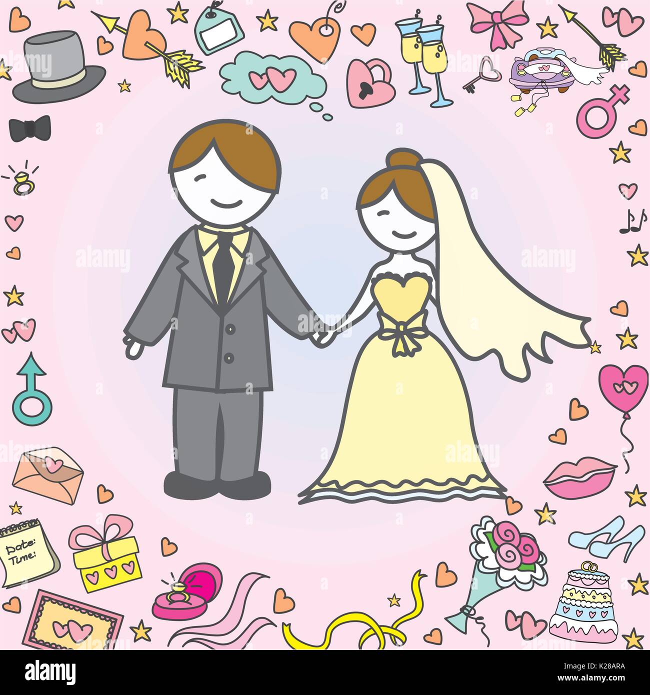 Carte de souhaits ou d'arrière-plan, mariée et le marié, accessoires de mariage, dessin à la main vector illustration Illustration de Vecteur