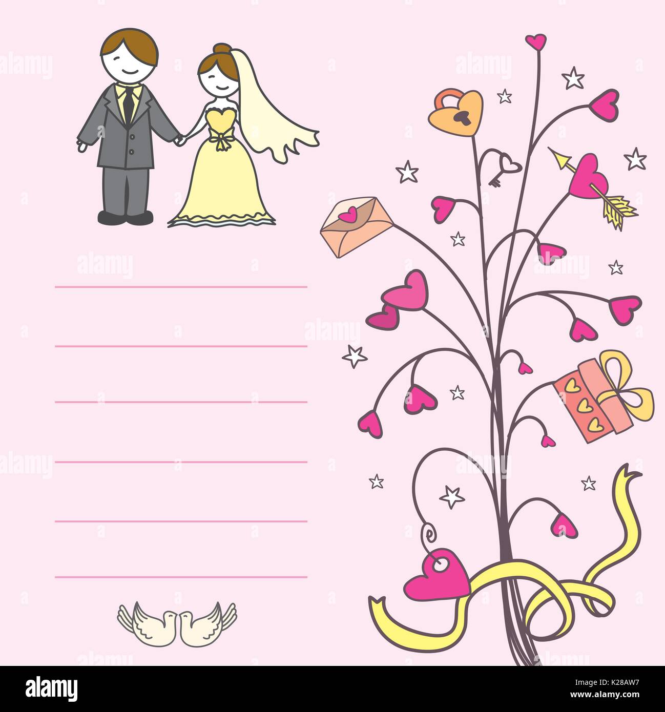 Carte d'invitation de mariage avec un arbre de l'amour, coeurs, vector illustration Illustration de Vecteur