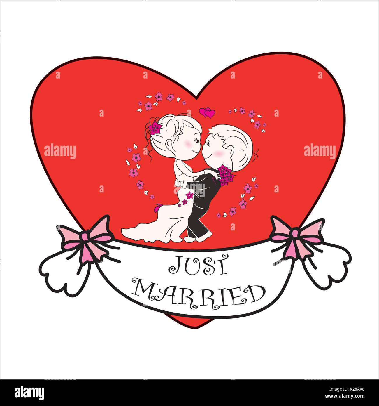 Couple in love sur la toile de fond d'un cœur rouge, récemment mariés, vector illustration Illustration de Vecteur