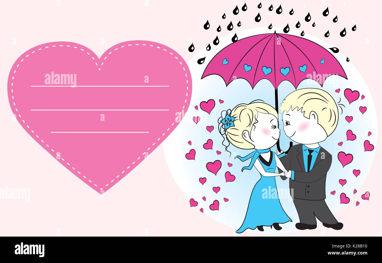 Couple amoureux permanent, sous un parapluie sous la pluie, vector Greeting card Illustration de Vecteur