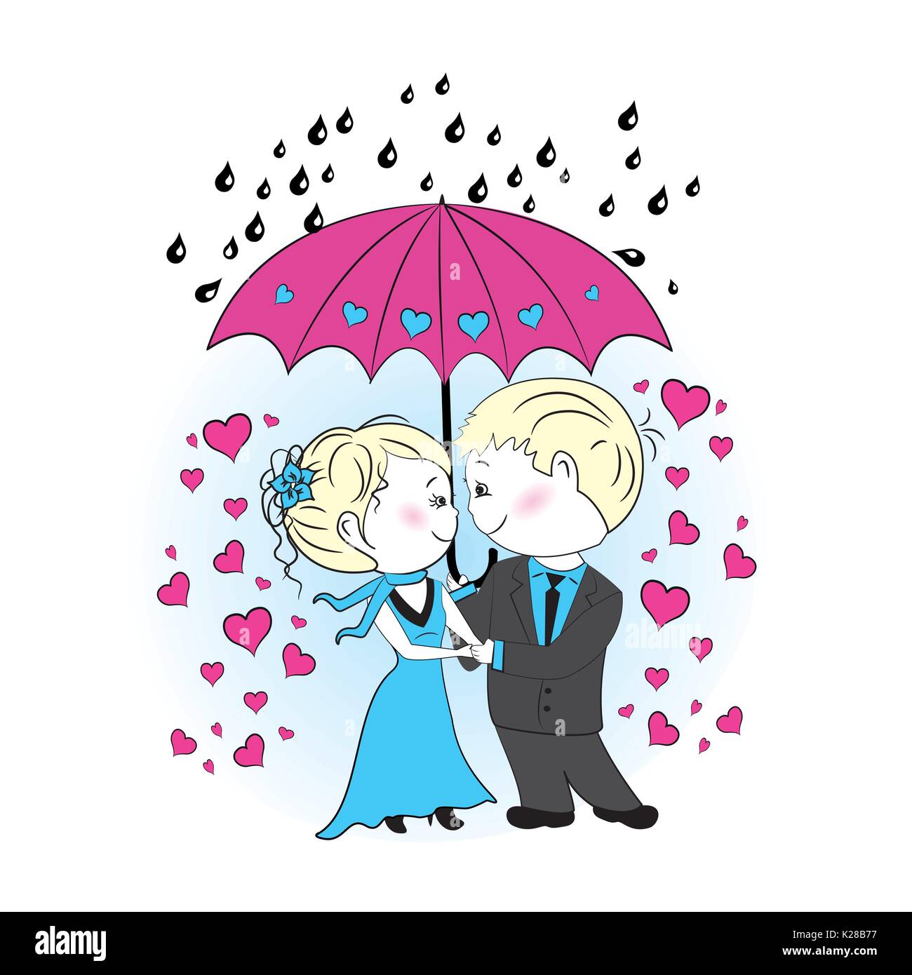 Poster Couple d'amoureux se cachent de la pluie sous un parapluie