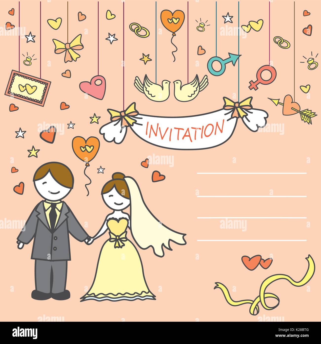 Carte d'invitation, la jeune mariée et se toilettent, doodle vector illustration Illustration de Vecteur