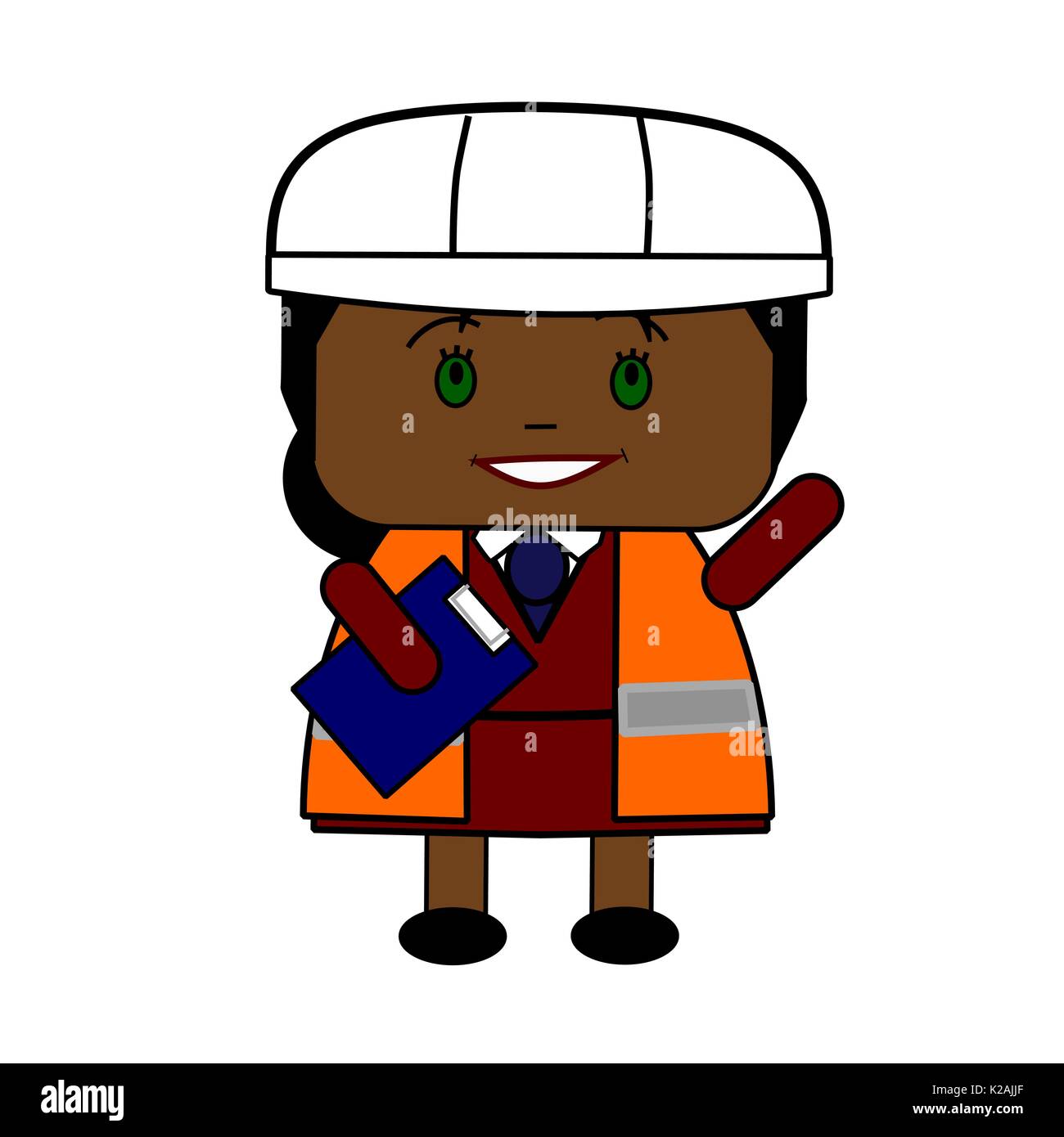 Cartoon female construction worker superviseur avec gilet, casque et des presse-papiers. Illustration de Vecteur