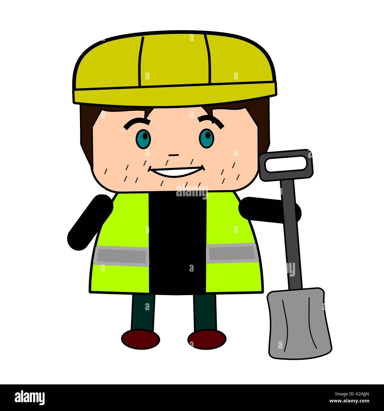 Cartoon male construction worker avec pelle, gilet et casque de sécurité. Illustration de Vecteur