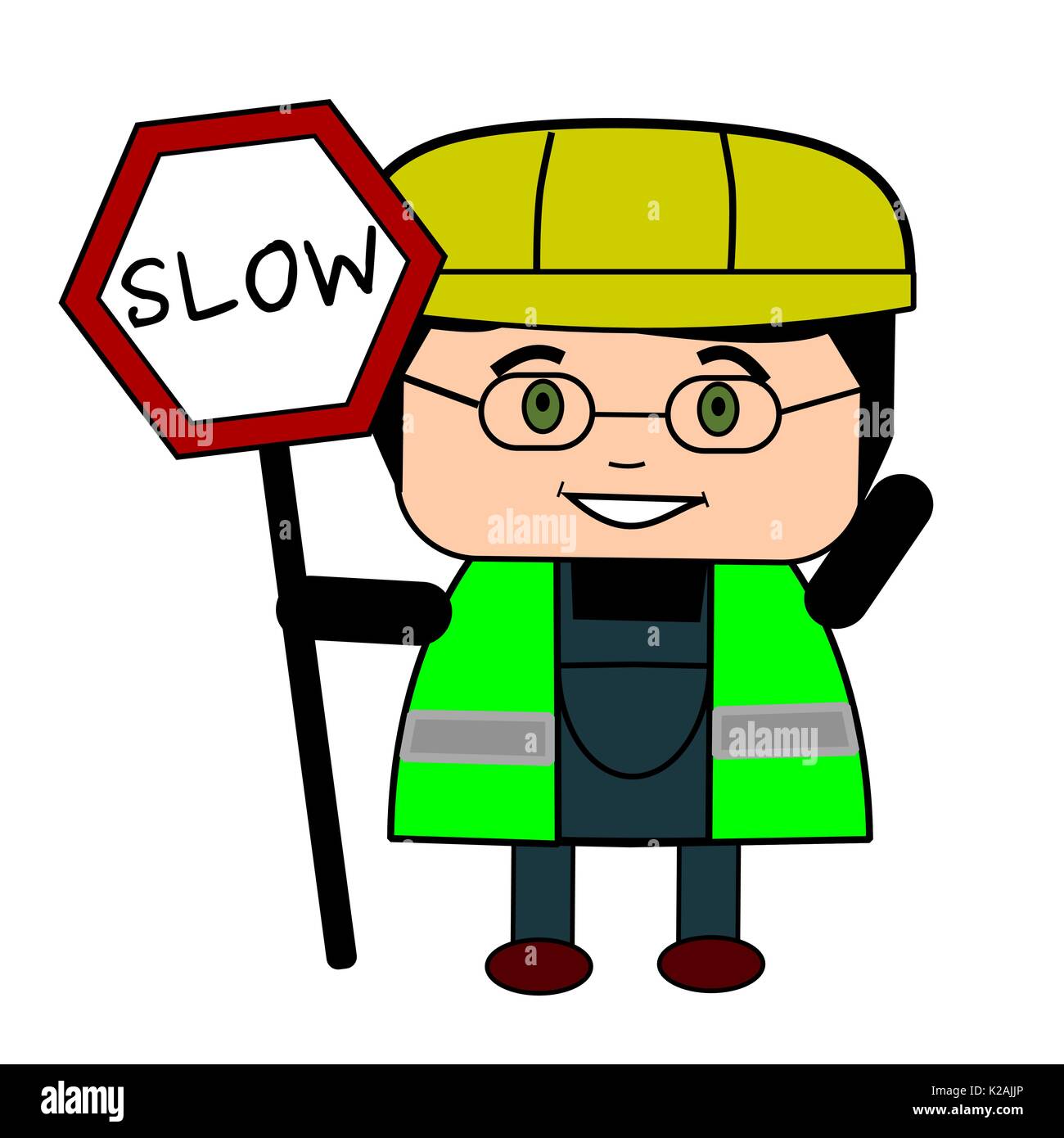 Cartoon homme ouvrier avec Slow sign, gilet et casque de sécurité. Illustration de Vecteur