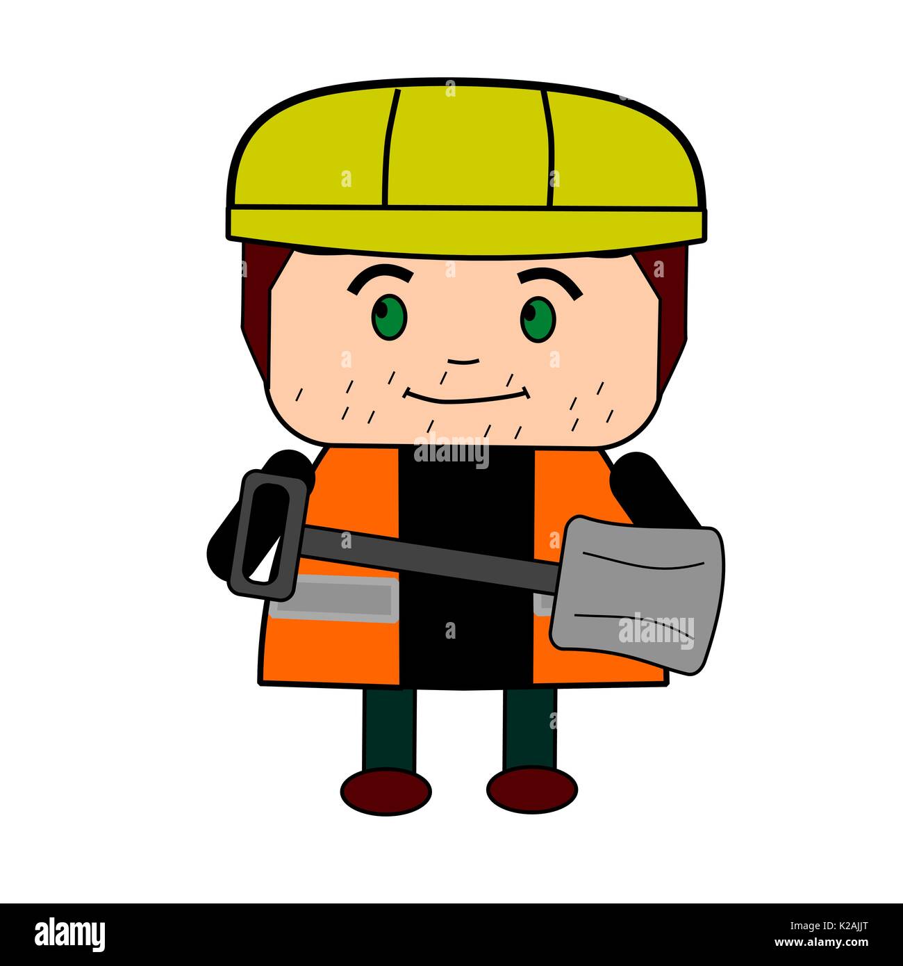 Cartoon male construction worker avec pelle, gilet et casque de sécurité. Illustration de Vecteur