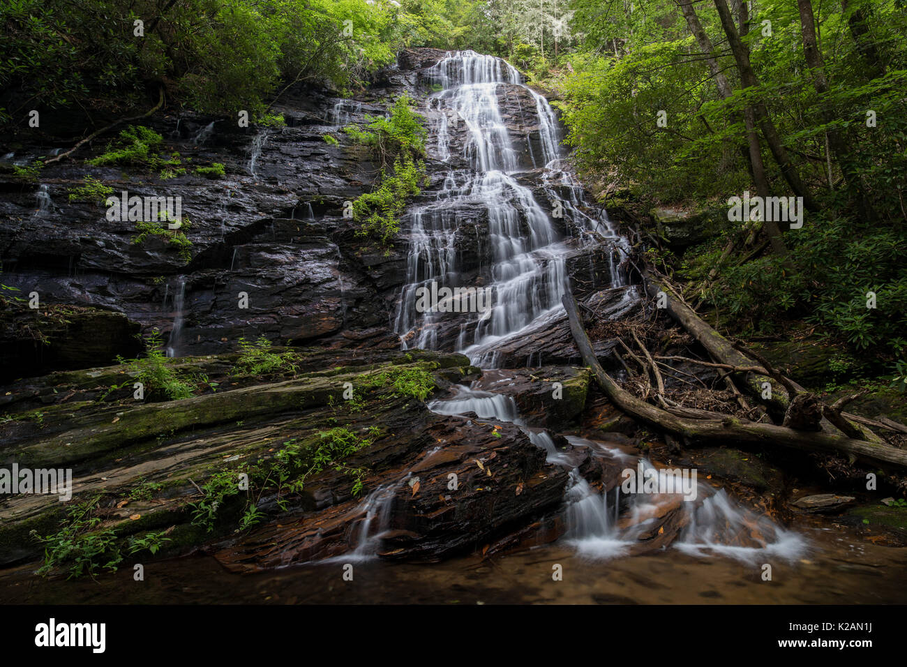 Horsetrough Falls sont situé au nord de la Géorgie dans la région sauvage de Mark Trail à la source de la rivière Chattahoochee comme il coule au large d'Horsetrough Mountain. Dans environ 500 milles, l'eau qui coule au-dessus permettra de vider dans le golfe du Mexique. Les chutes sont d'environ 70m de hauteur et la région environnante est épais avec une végétation luxuriante. Débit tend à être relativement léger mais dans tous les mois d'hiver ou après une pluie importante dans la région. Banque D'Images