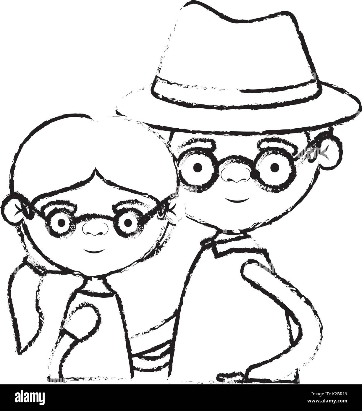 Silhouette floue de la moitié des personnes âgées deux corps avec grand-mère côté queue de cheveux avec grand-père avec chapeau et lunettes Illustration de Vecteur