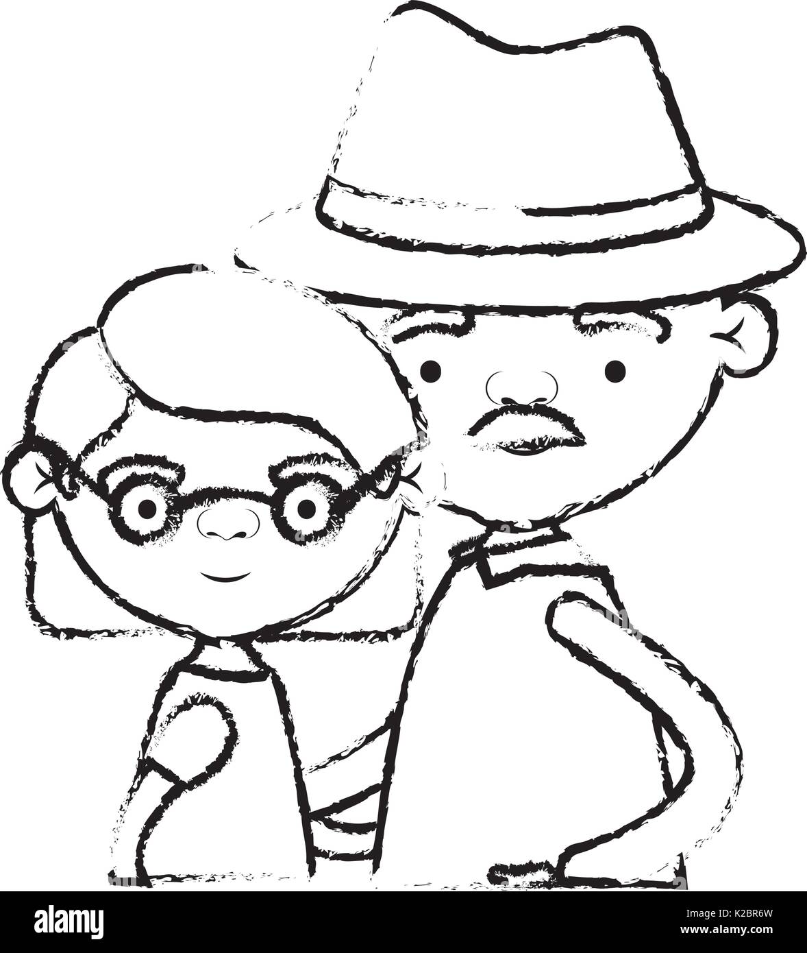 Silhouette floue de la moitié des personnes âgées deux corps grand-mère avec des lunettes et des cheveux courts avec grand-père avec le chapeau et la moustache Illustration de Vecteur