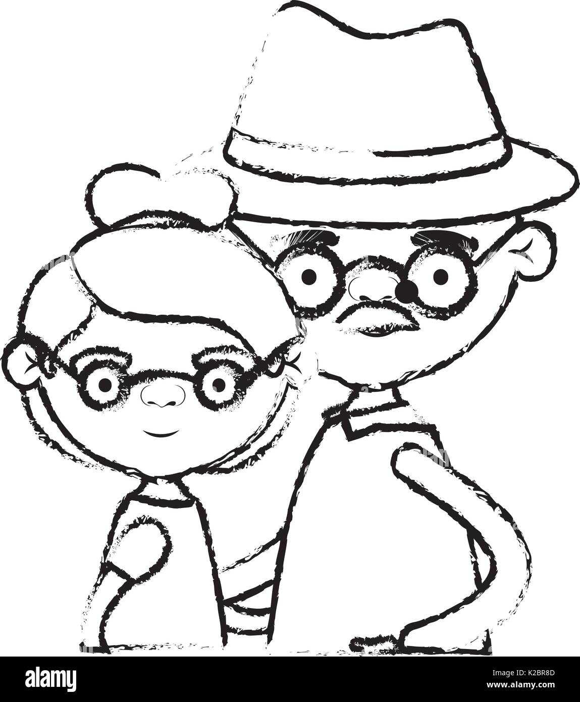 Silhouette floue de la moitié des personnes âgées deux corps grand-mère avec des lunettes et bun cheveux avec grand-père avec le chapeau et la moustache Illustration de Vecteur