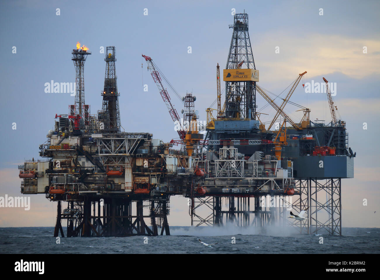 Les plates-formes de production dans les années 40' oilfield, Mer du Nord, octobre 2014. Tous les non-usages de rédaction doivent être effacés individuellement. Banque D'Images