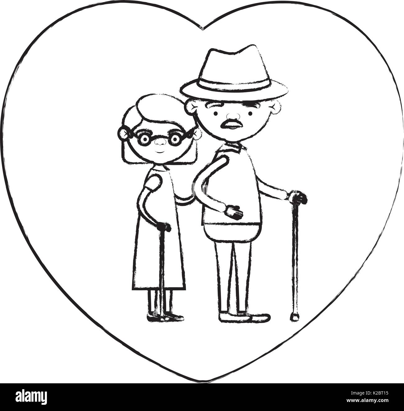 La silhouette floue de forme de cœur carte de vœux caricature corps plein vieux couple grand-père embrassé avec chapeau et moustache en bâton de marche et de sa grand-mère aux cheveux courts Illustration de Vecteur