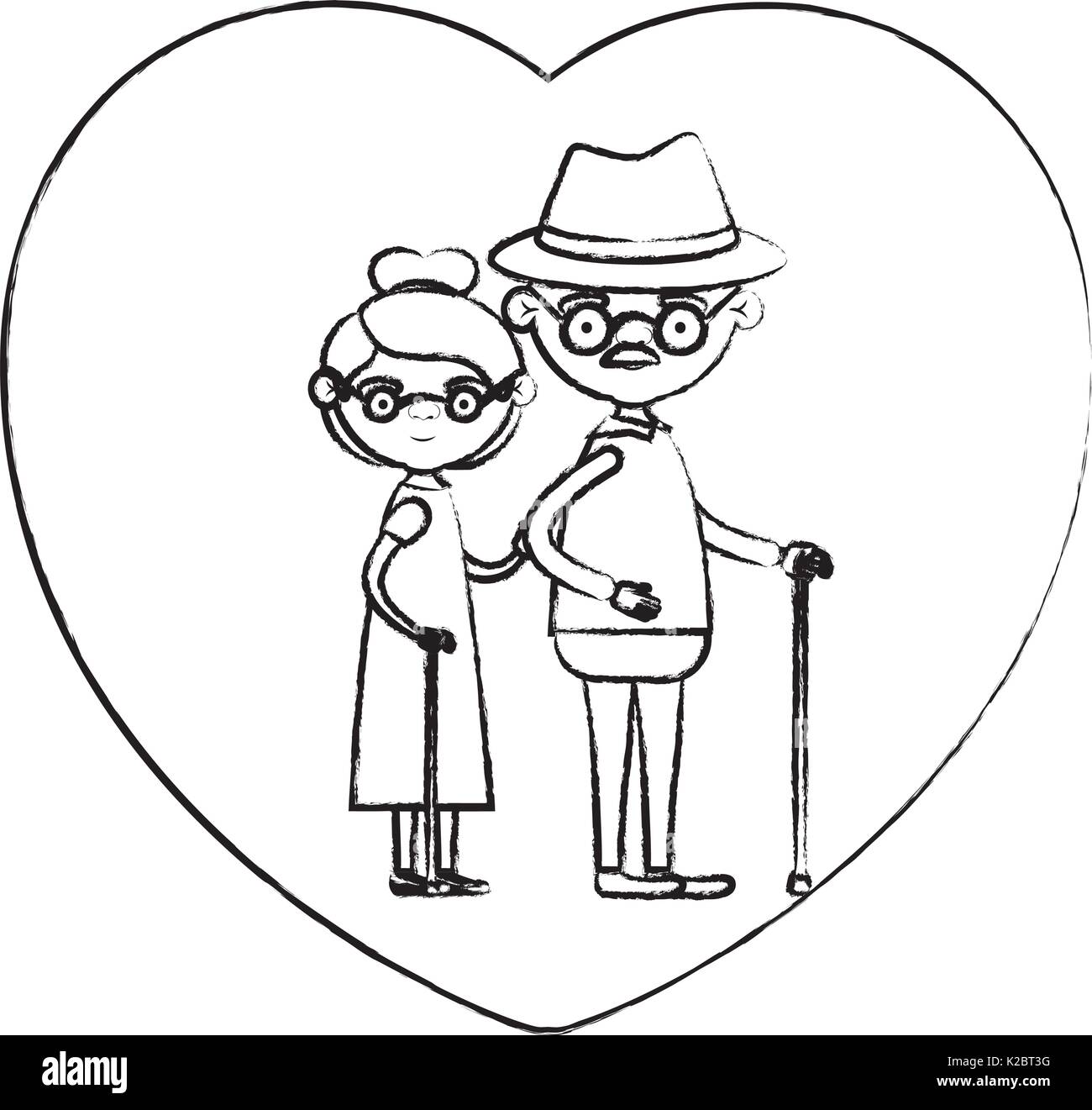 La silhouette floue de forme de cœur carte de vœux caricature corps plein vieux couple grand-père embrassé avec chapeau et moustache en bâton de marche et de sa grand-mère aux cheveux courts Illustration de Vecteur