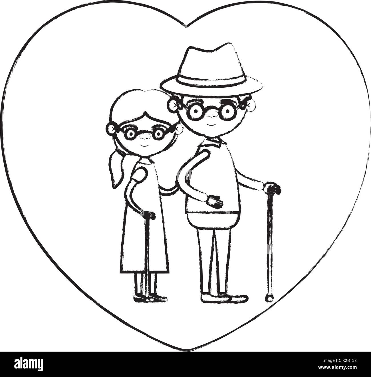 La silhouette floue de forme de cœur carte de vœux caricature corps plein vieux couple grand-père embrassé avec chapeau et moustache en bâton de marche et de sa grand-mère avec les cheveux recueillis Illustration de Vecteur