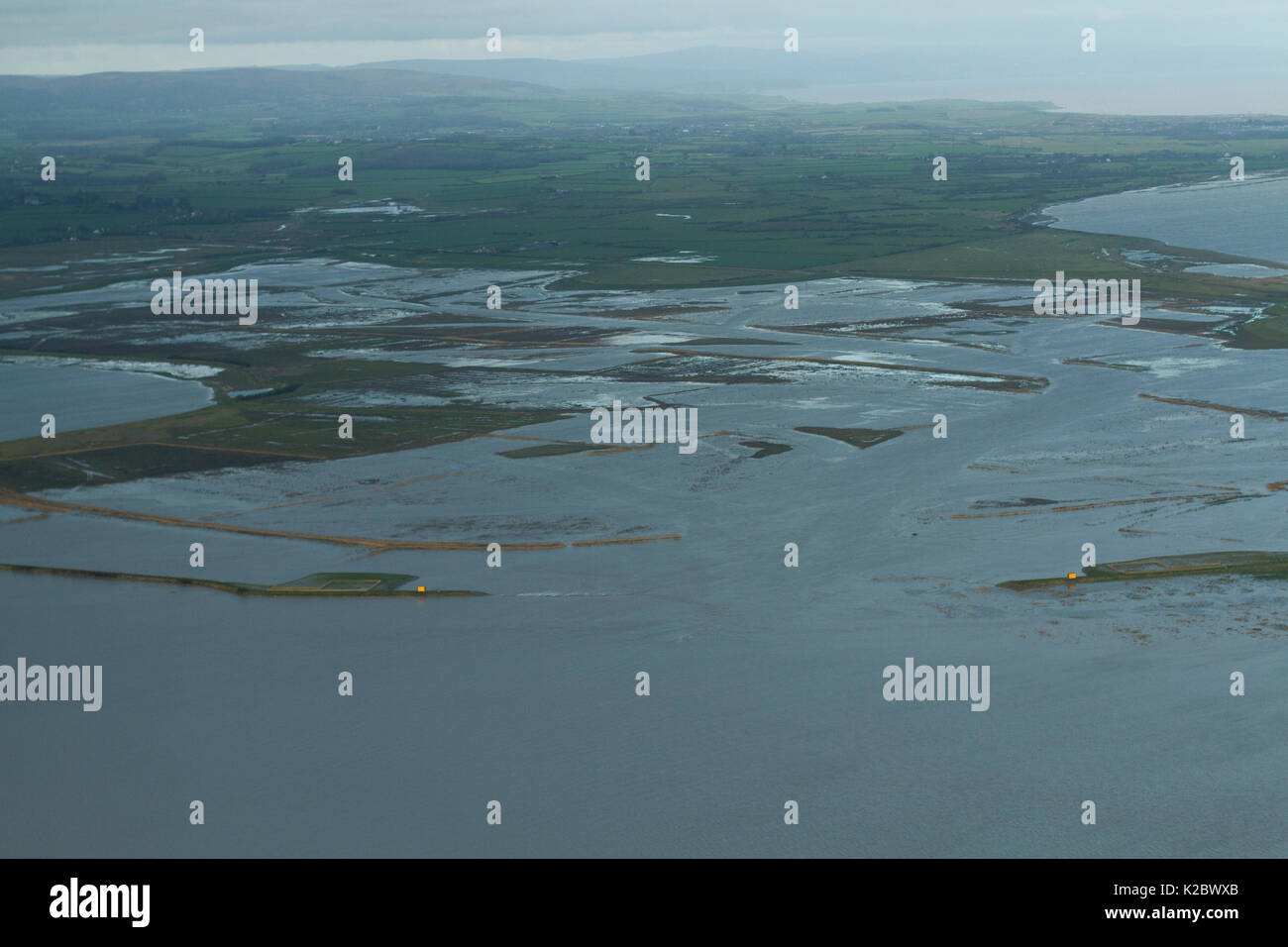 Vue aérienne de la Réserve Naturelle des Marais de Steart, terres agricoles transformées en zones humides, Somerset, Royaume-Uni, février 2015. Banque D'Images