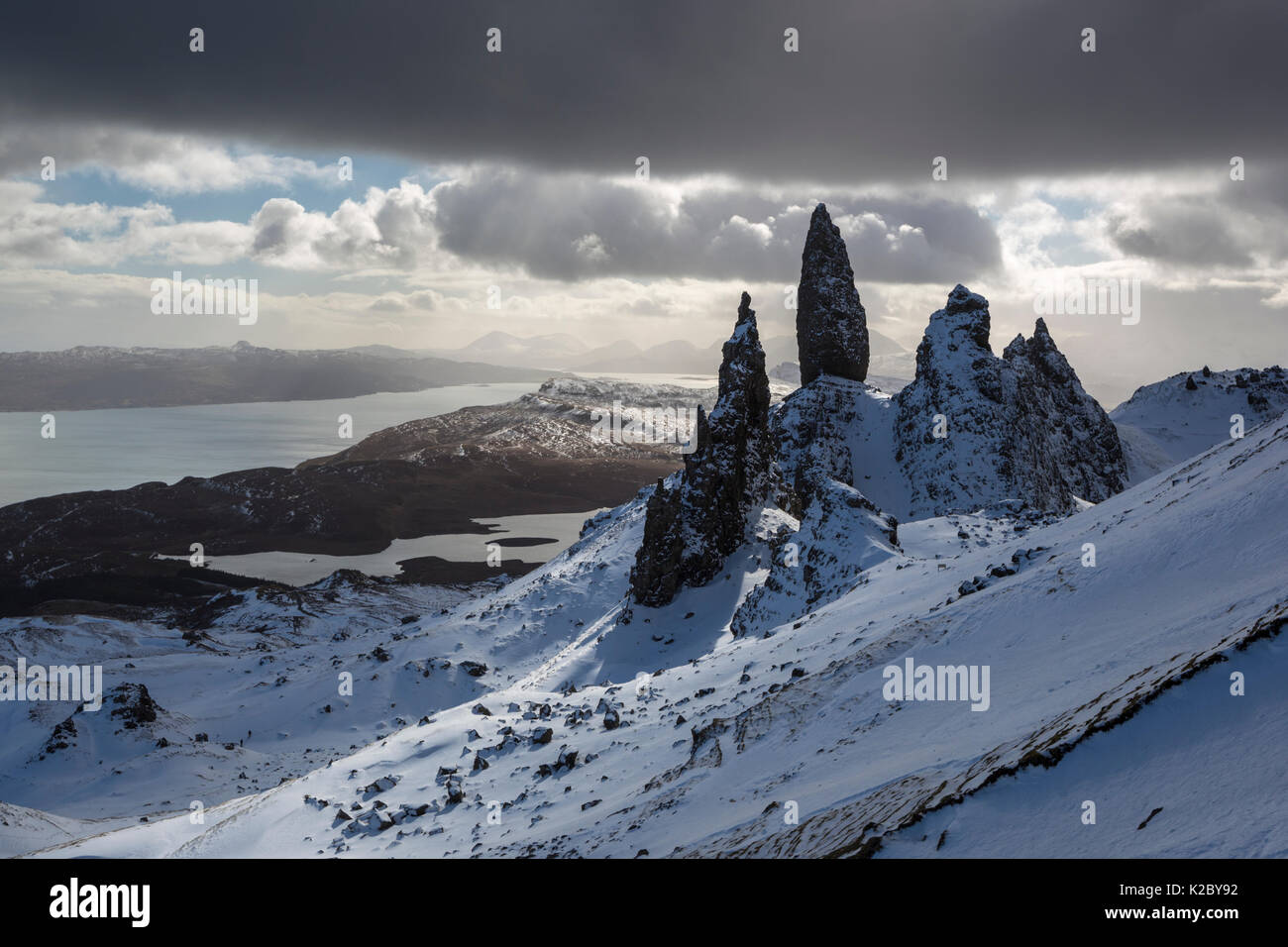 Le vieil homme de Storr après de fortes chutes de neige, Isle of Skye, Scotland, UK. Mars 2015. Banque D'Images