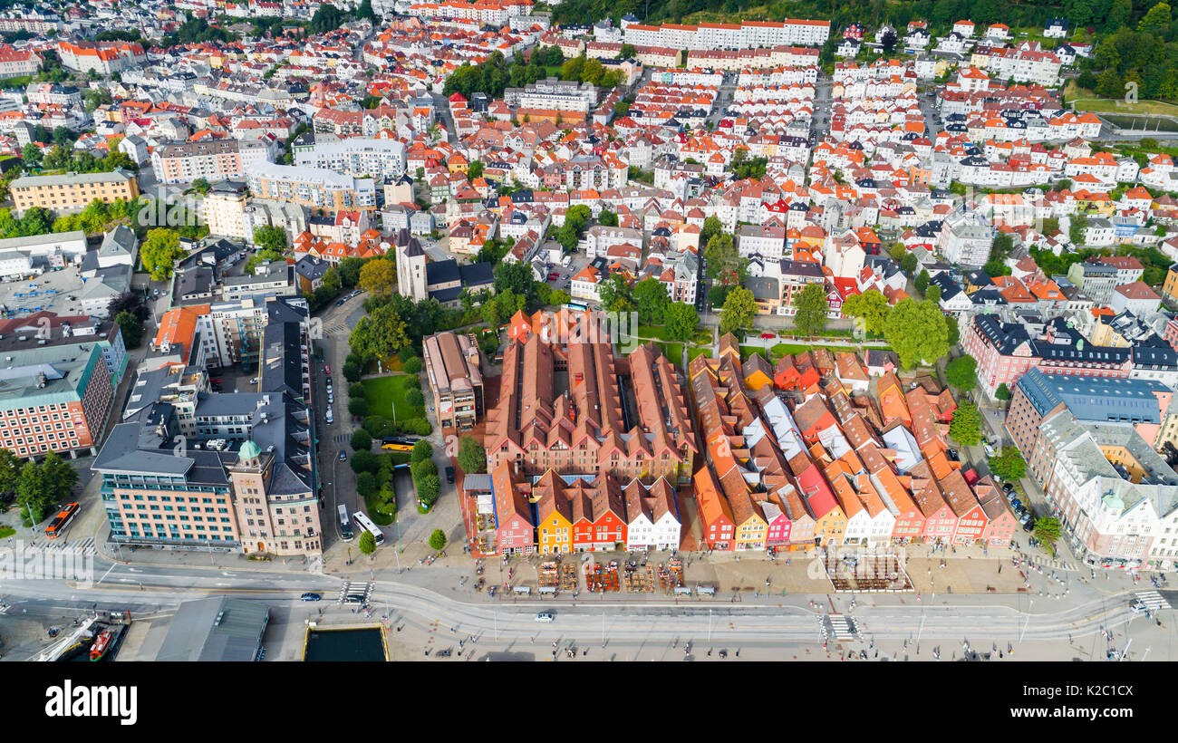 Vue aérienne de la vieille ville de Bergen. Bergen, Norvège. Banque D'Images