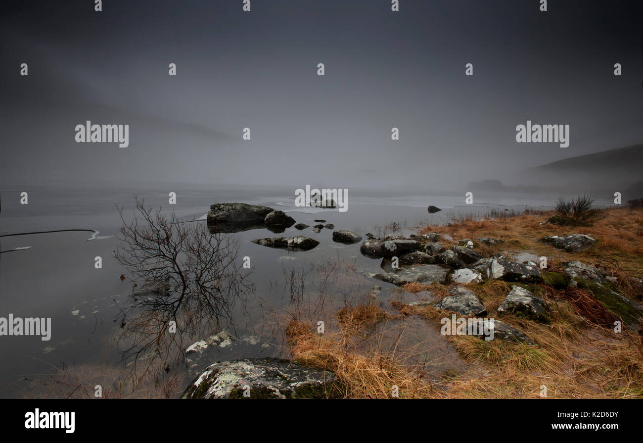 Une atmosphère Llynnau Mymbyr, avec de la glace et du brouillard, Capel Curig, Galles, décembre Banque D'Images Une atmosphère Llynnau Mymbyr, avec de la glace et du brouillard, Capel Curig, Galles, décembre Banque D'Images