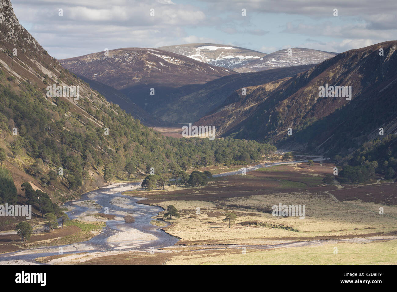 Glenfeshie supérieure à la fin de l'hiver, le Parc National de Cairngorms, en Écosse. Mai 2013. Banque D'Images
