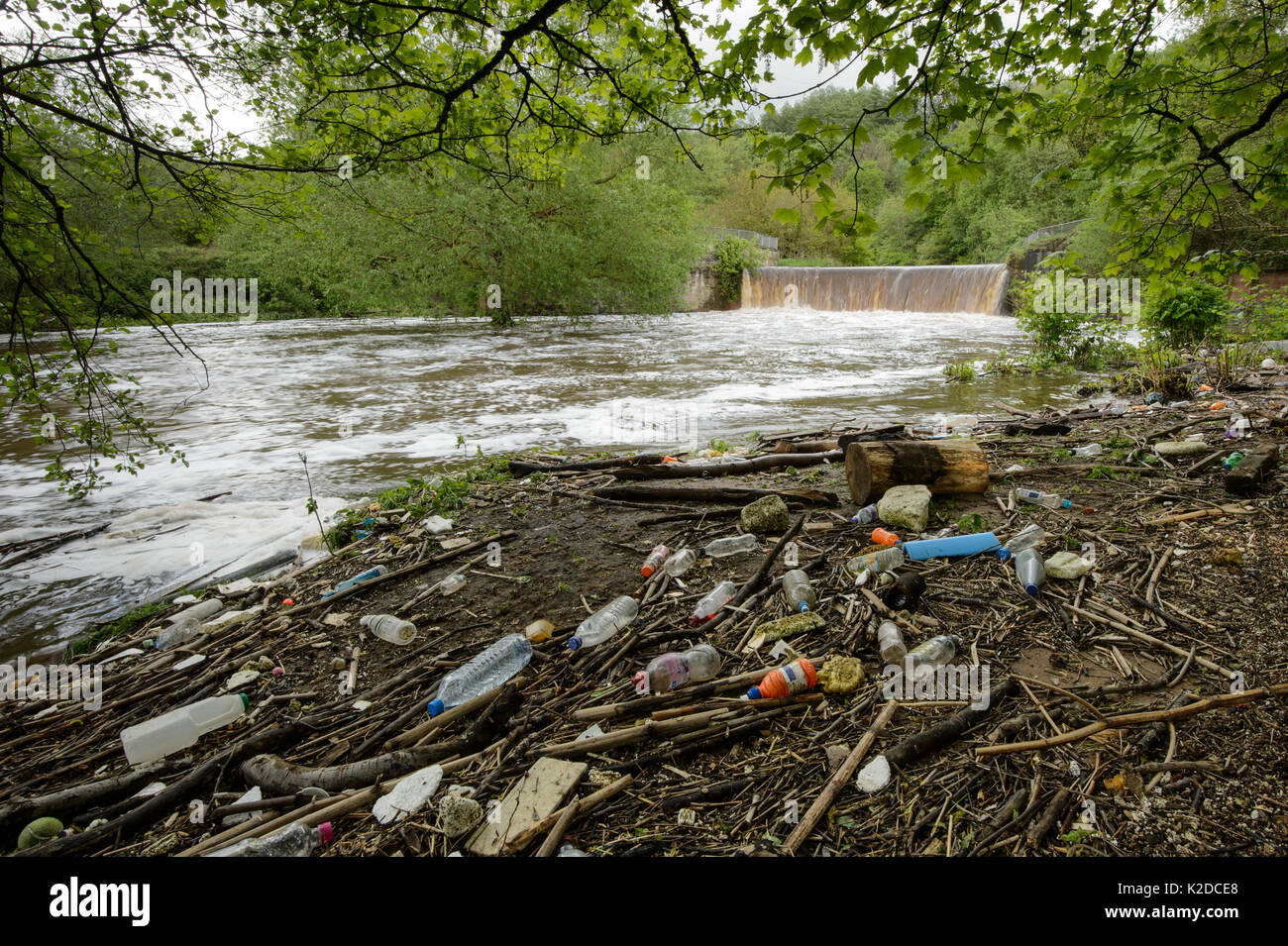 Les ordures laissées par la rivière en crue en milieu urbain, la rivière Tame, Manchester, UK peut Banque D'Images