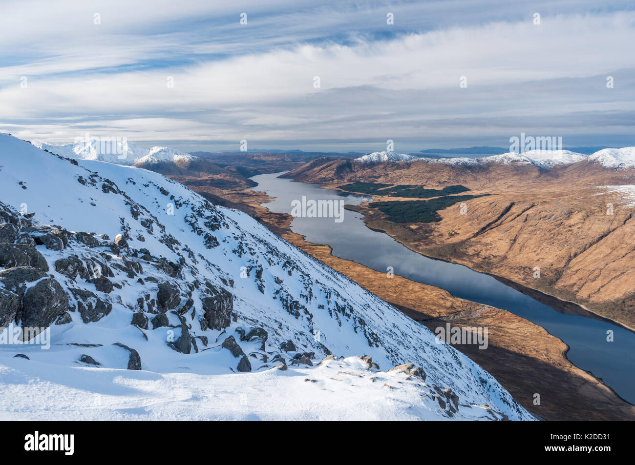 Panoramaic vue sur le Loch Etive de Ben Starav au milieu de l'hiver. Glen Etive, Highlands d'Ecosse, Royaume-Uni, janvier 2016. Banque D'Images