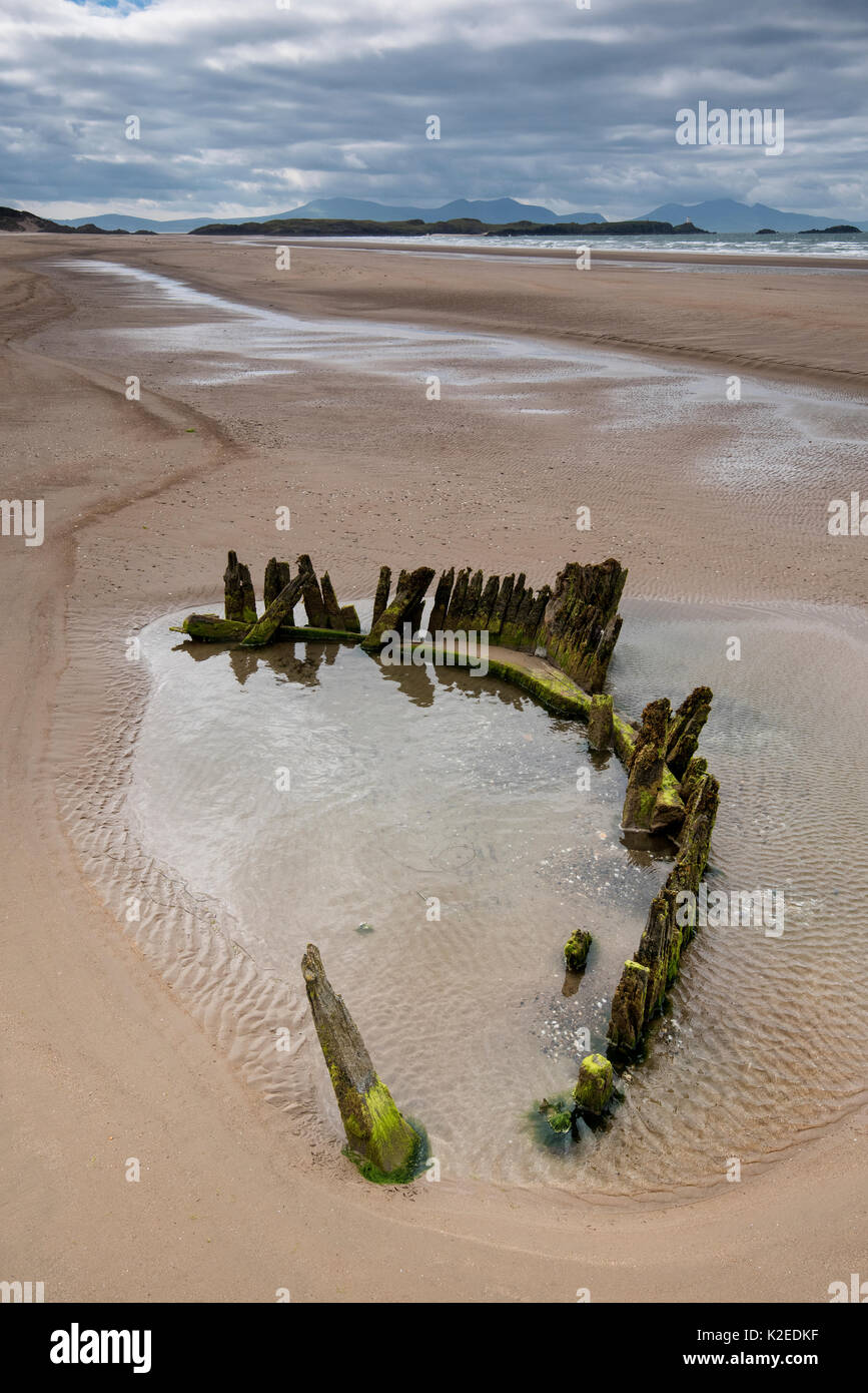 Épave du brick Athena découverte à marée basse sur la plage de Malltraeth, Anglesey, au nord du Pays de Galles, avec l'île Llanddwyn Snowdonia et dans l'arrière-plan, UK Août 2016. Banque D'Images Épave du brick Athena découverte à marée basse sur la plage de Malltraeth, Anglesey, au nord du Pays de Galles, avec l'île Llanddwyn Snowdonia et dans l'arrière-plan, UK Août 2016. Banque D'Images