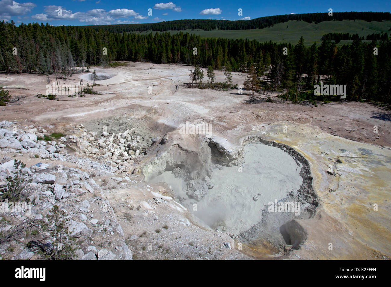 Chaudron de soufre dans la région du volcan de boue, Hayden Valley, le Parc National de Yellowstone, Wyoming, USA, Juin 2015 Banque D'Images Chaudron de soufre dans la région du volcan de boue, Hayden Valley, le Parc National de Yellowstone, Wyoming, USA, Juin 2015 Banque D'Images