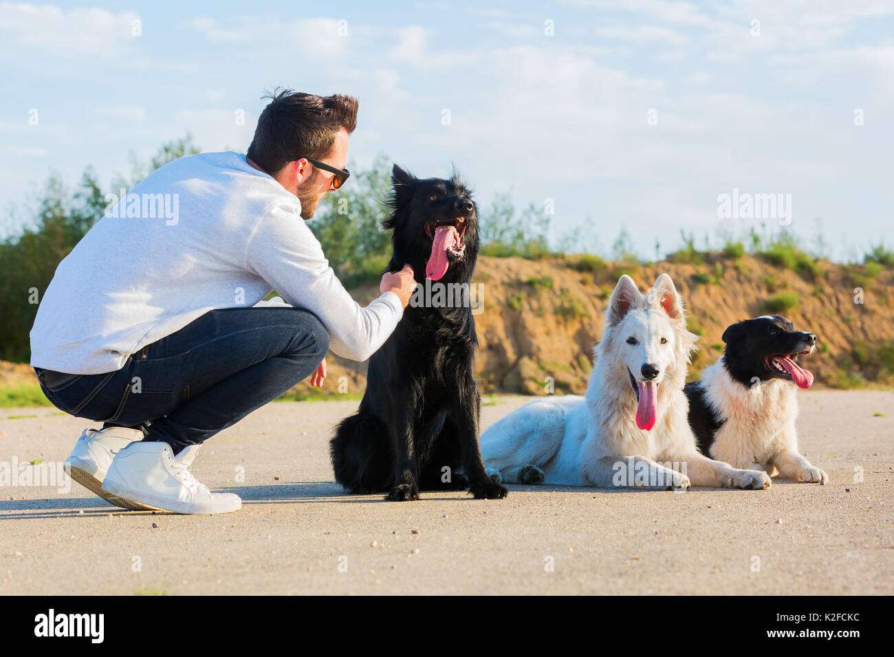 Jeune homme à genoux à côté de trois chiens outdoor Banque D'Images