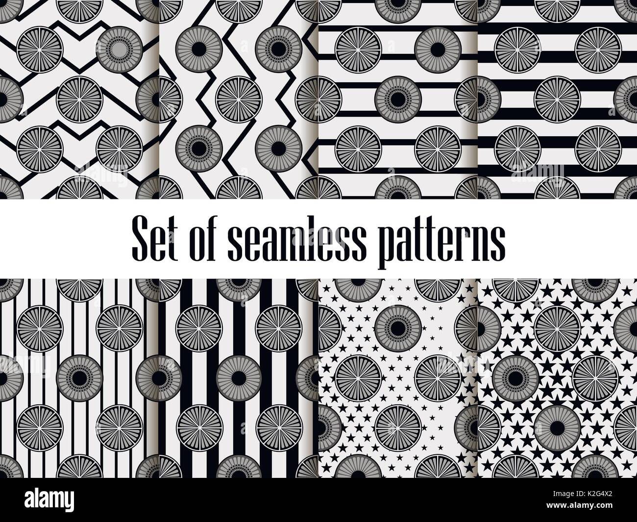 Seamless pattern set d'agrumes. Ornement noir. Fruits avec des zig zag, des lignes noires sur l'arrière-plan. Vector illustration Illustration de Vecteur