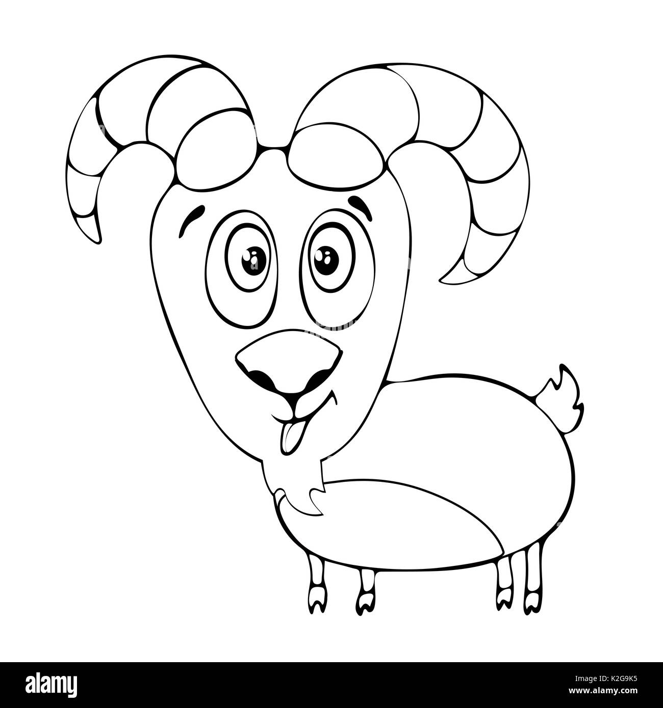Caricature drôle de chèvre pour Coloring Book isolé sur fond blanc, noir et blanc Scénario, Dessin illustration monochrome Illustration de Vecteur