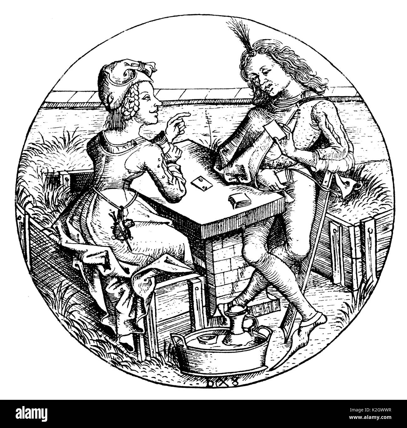 Partie perdue. Le joueur de la carte au 15ème siècle. Fac-similé de la gravure sur cuivre par Israhel van Meckenem Banque D'Images