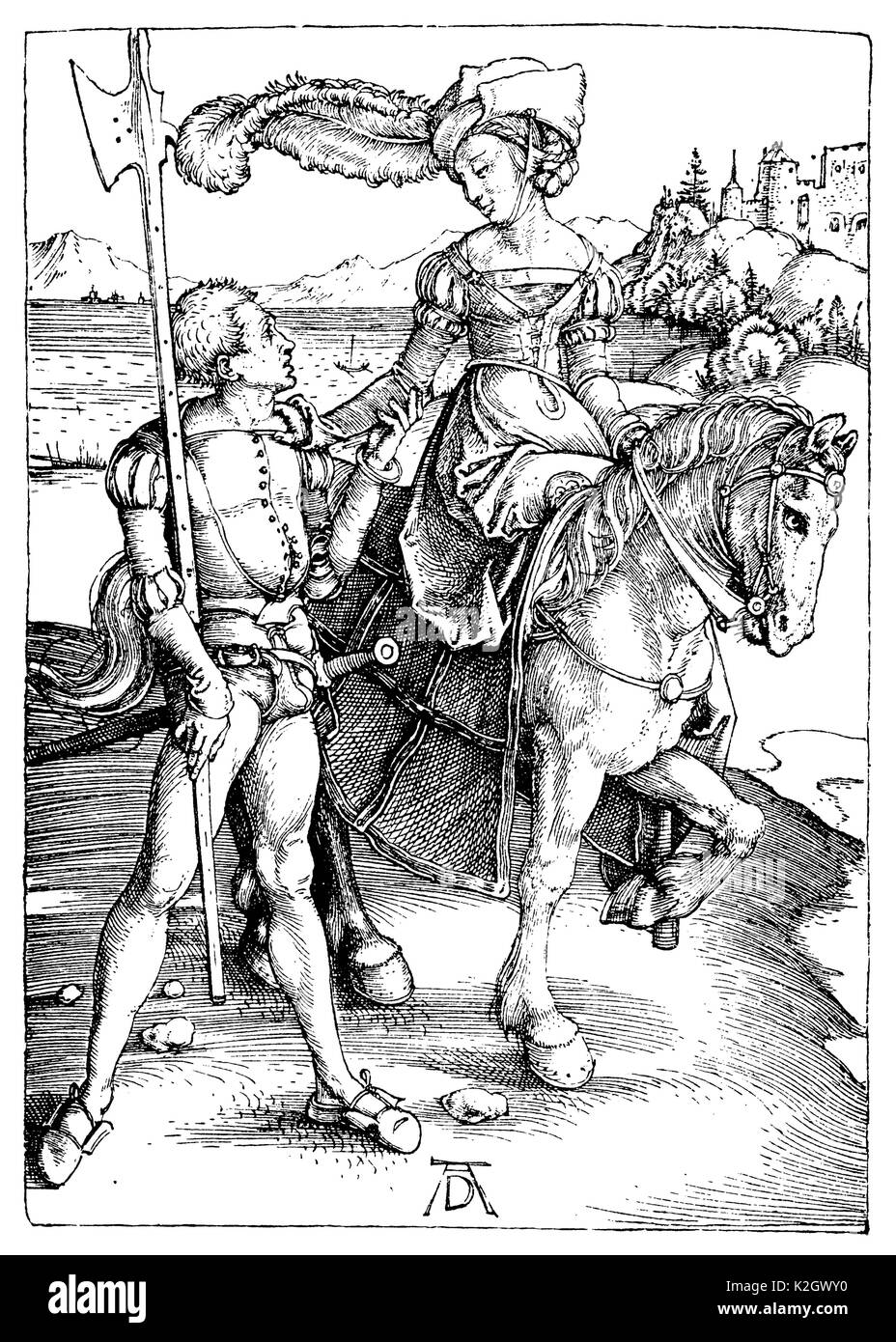 Dame aristocratique à cheval, accompagné d'un serviteur armé. Après une gravure sur cuivre par Albrecht DÃ¼rer Banque D'Images