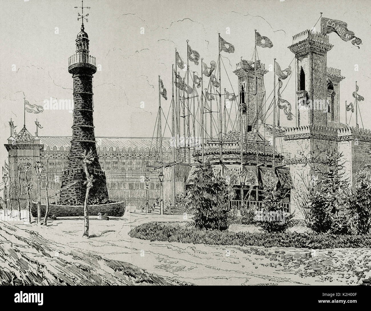 L'Espagne. La Catalogne. 1888 Exposition Universelle de Barcelone. Galerie d'installations maritimes : charbon de pierre phare et le pavillon de 'La société Trasatlantica'. La gravure. 'La Ilustracion Iberica', 1888. Banque D'Images