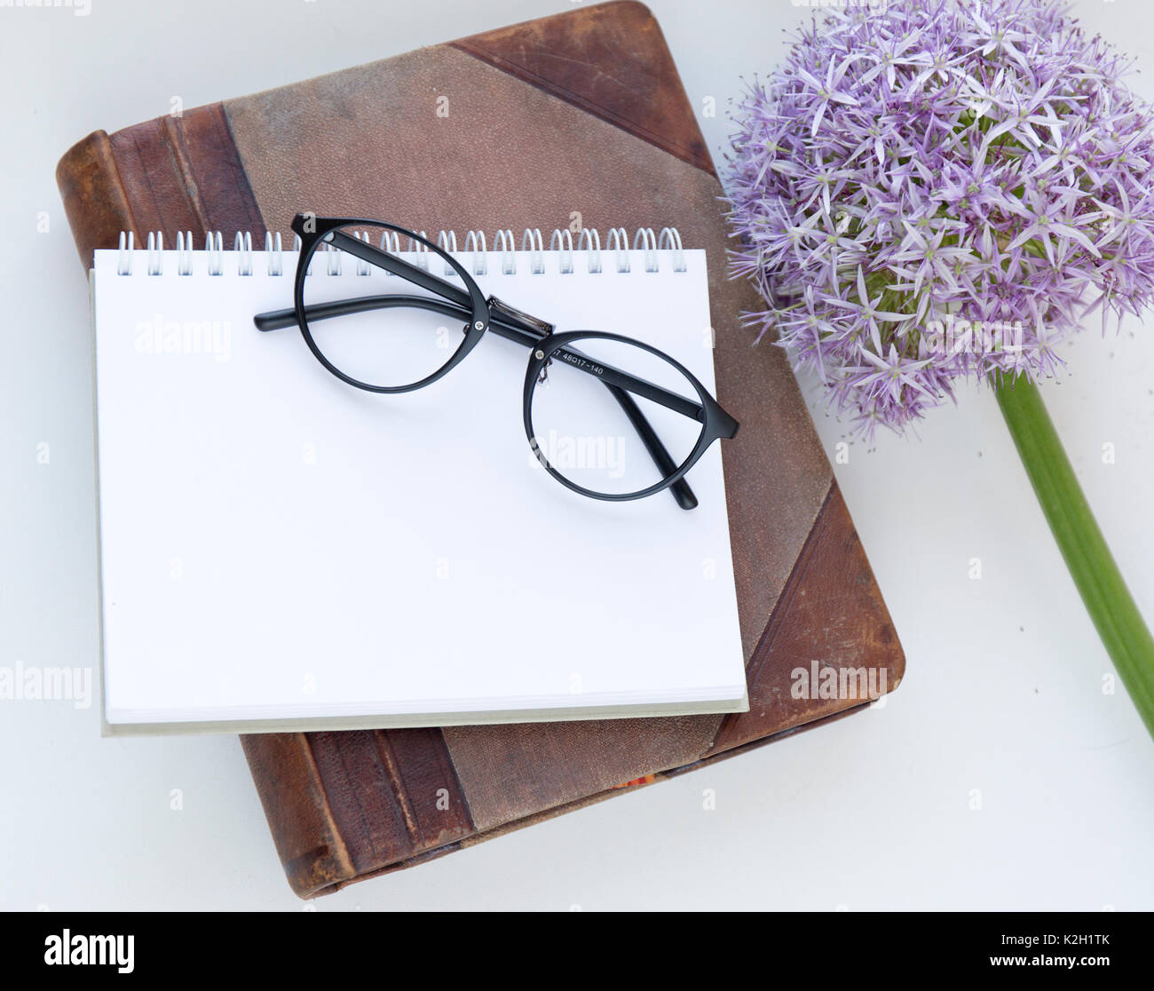 Maquette d'ordinateur portable pour l'oeuvre de pourpre et d'allium lunettes. Vue d'en haut. Place pour le texte. Des fleurs Banque D'Images