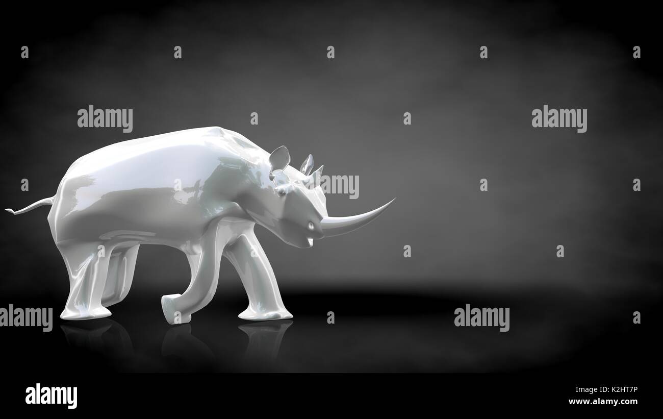 Le rendu 3D d'un rhinocéros réfléchissant sur un fond noir foncé Banque D'Images