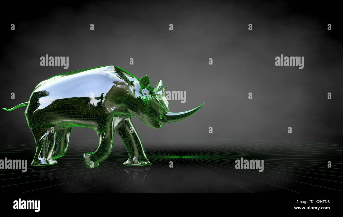 Le rendu 3D d'un rhinocéros réfléchissant sur un fond noir foncé Banque D'Images