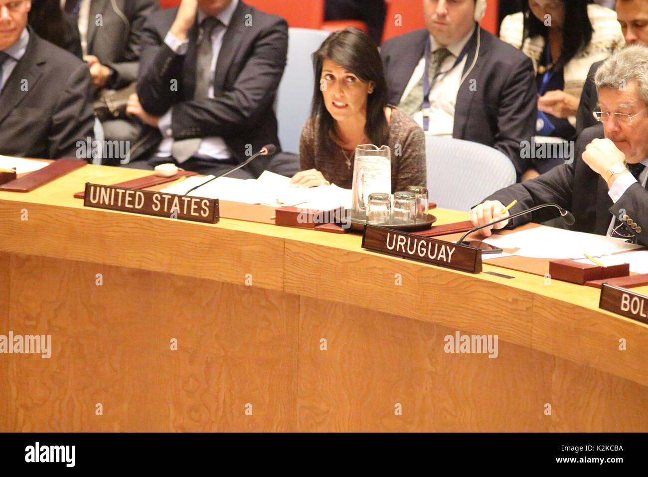 Nations Unies, New York, USA. 30 août, 2017. Nikki Haley votes pour le Liban Résolution du Conseil de sécurité des Nations Unies nous dit-elle eu des changements à, à chien le Hezbollah. Credit : Matthew Russell Lee/Alamy Live News Banque D'Images